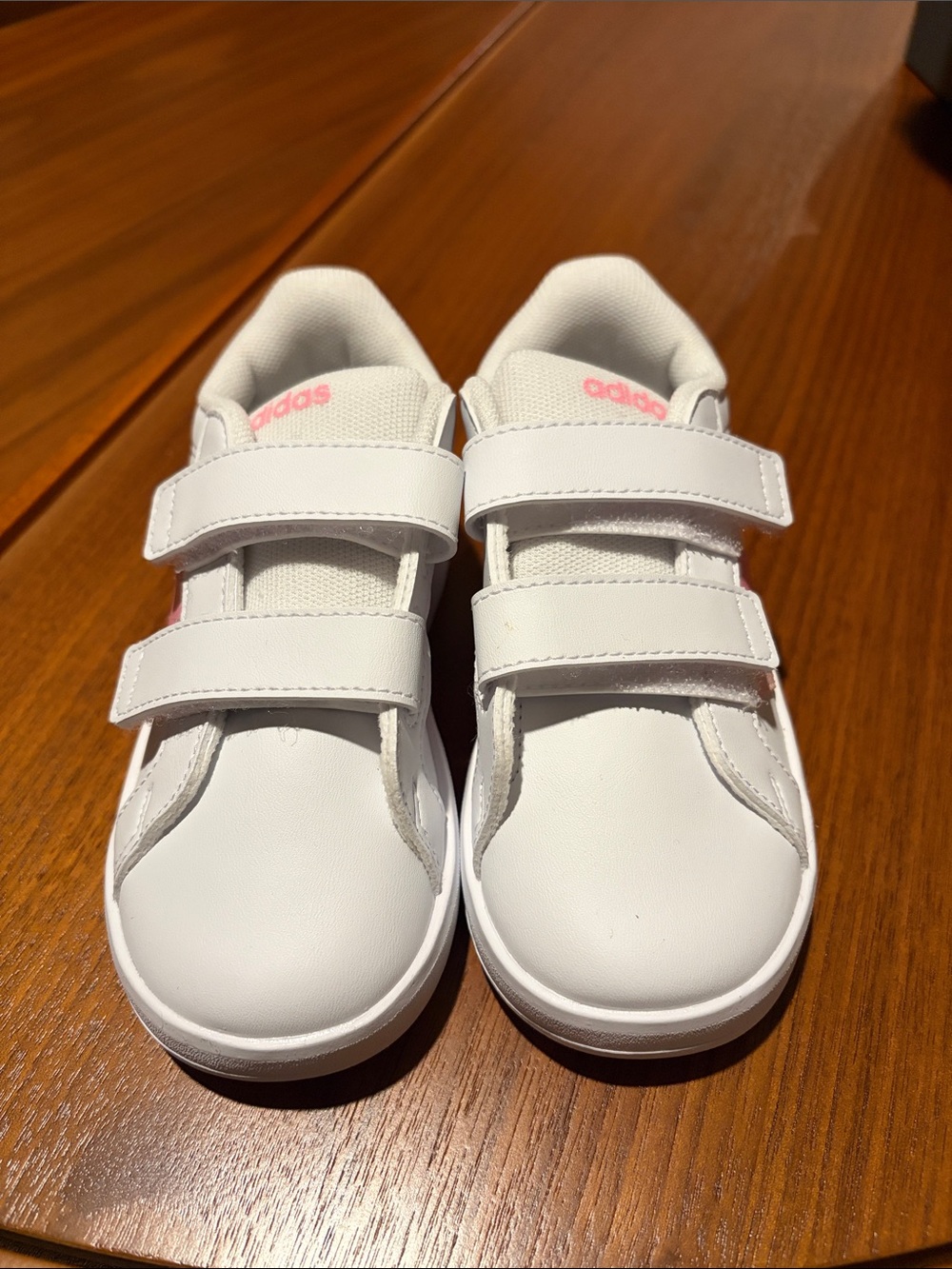 adidas Kids White Sneakers with Pink Logo Accents - Double Velcro